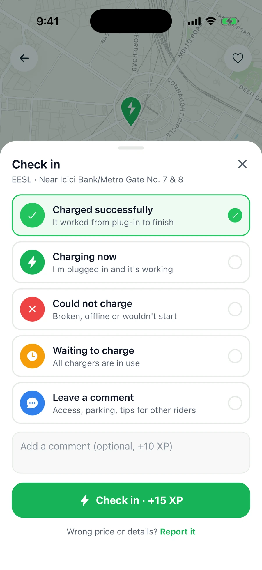 Check-in options in the ChargeBuddy app
