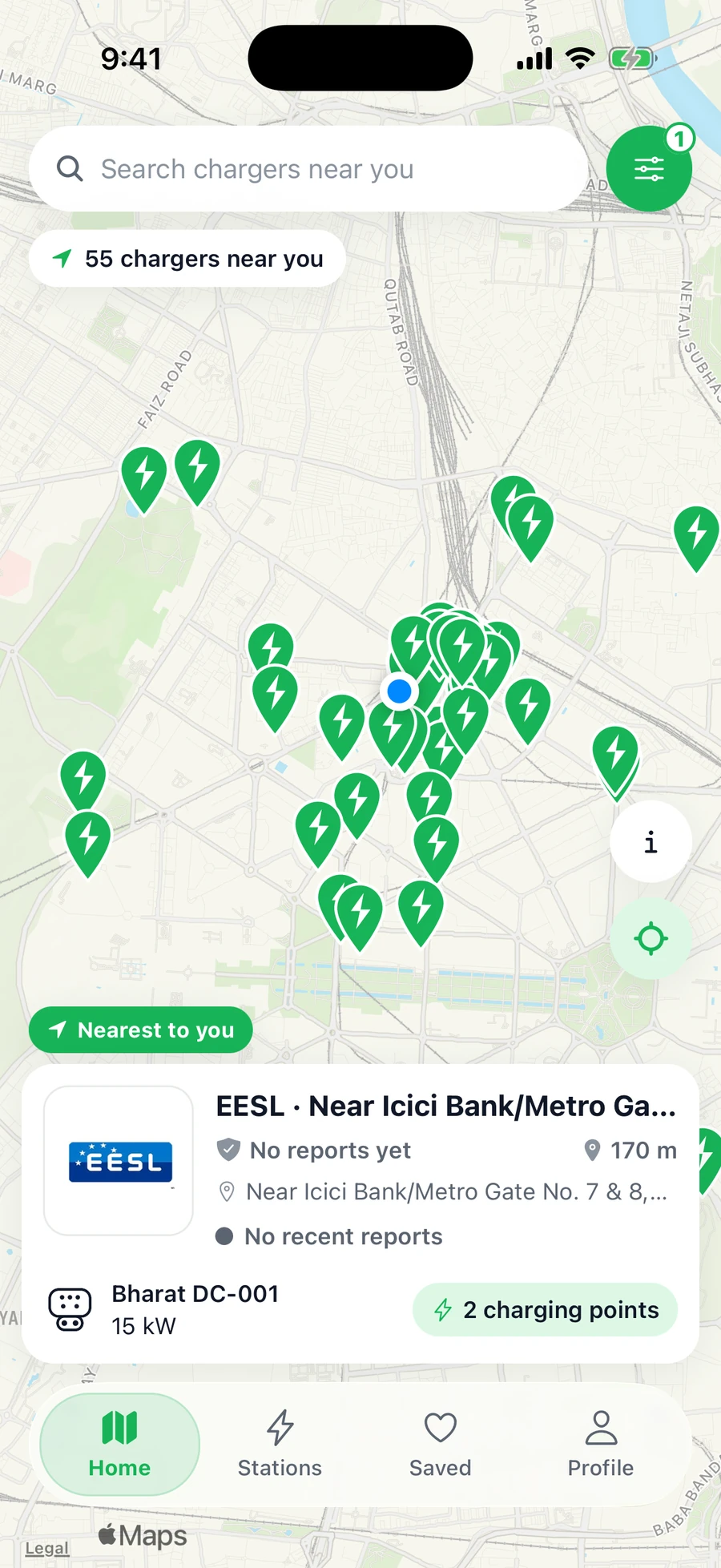 ChargeBuddy map showing chargers near the rider