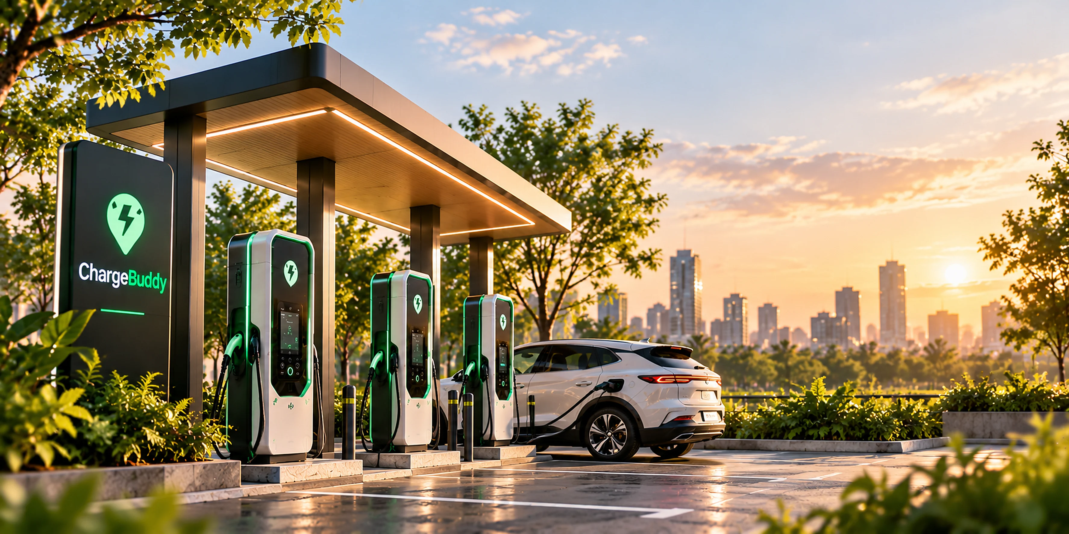 ChargeBuddy charging station with an electric car at sunset