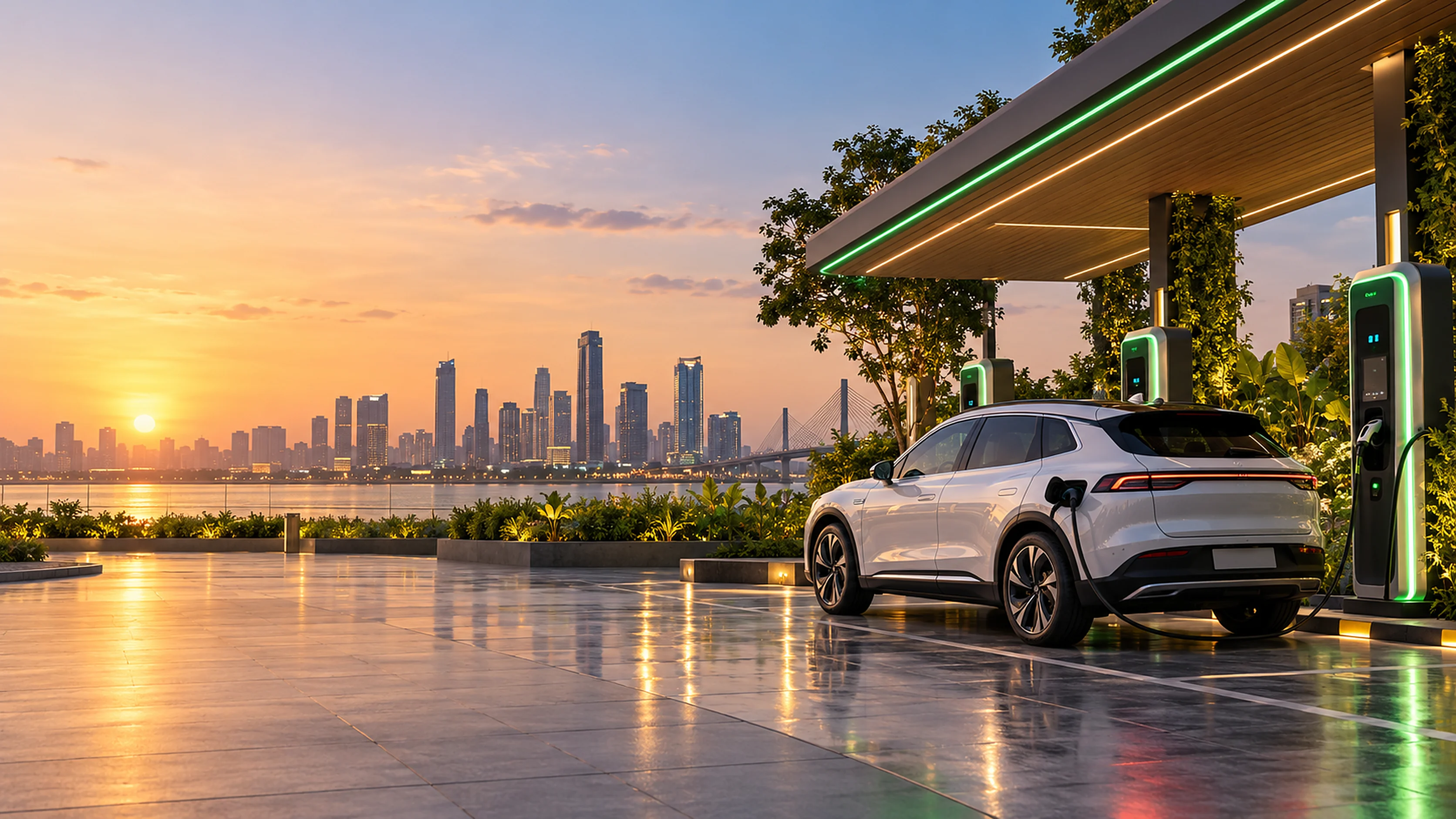 An electric car charging at a ChargeBuddy station by the waterfront at sunset
